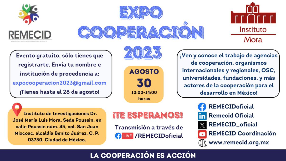 REMECID_oficial's tweet photo. 🌐 ¿Te interesa conocer qué hacen los distintos actores en materia de cooperación internacional?
En la Expo Cooperación 2023 tendrás la oportunidad de explorar las estrategias, proyectos y logros que están transformando el mundo. ¡Únete!
#ExpoCooperación2023 #REMECID https://t.co/vIk9qU9rVo