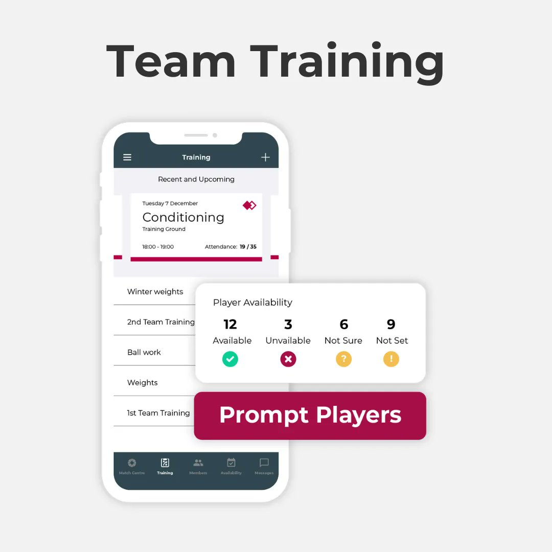 Organise your team training sessions. Create recurring training sessions online with dates and times, and invite players and parents to attend. Take a register of attendees and send pre or post-training notes. Keep the admin easy and the training hard!