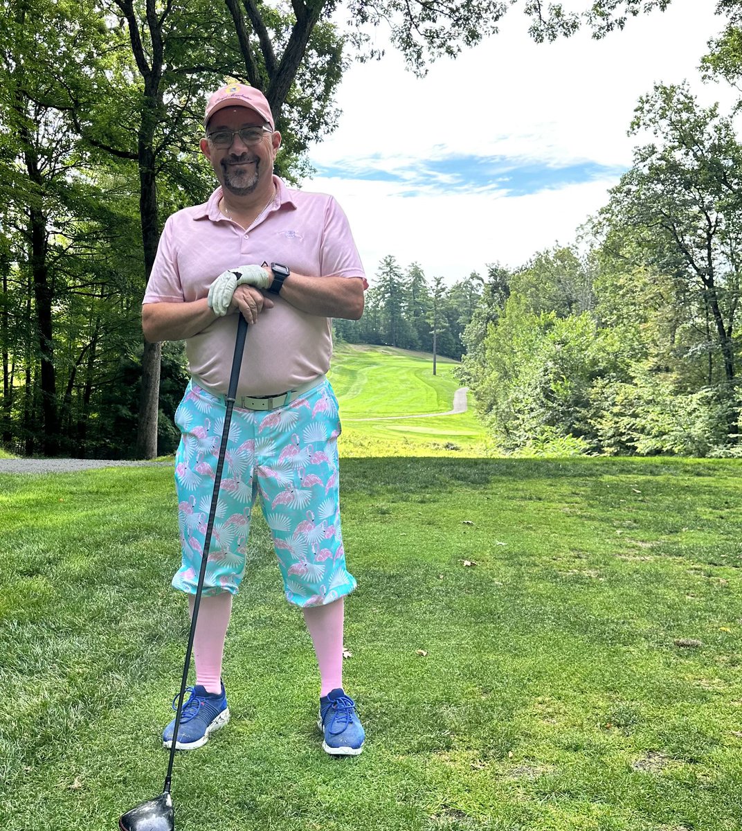 wgross17's tweet photo. Morning round with @felutzjr, Andrew Levine and William Kasper at Country Club of the Poconos. First half of a 36-hole #poconogolf day! Breaking out the flamingo knickers for the first time! https://t.co/UHIUKhdOIh