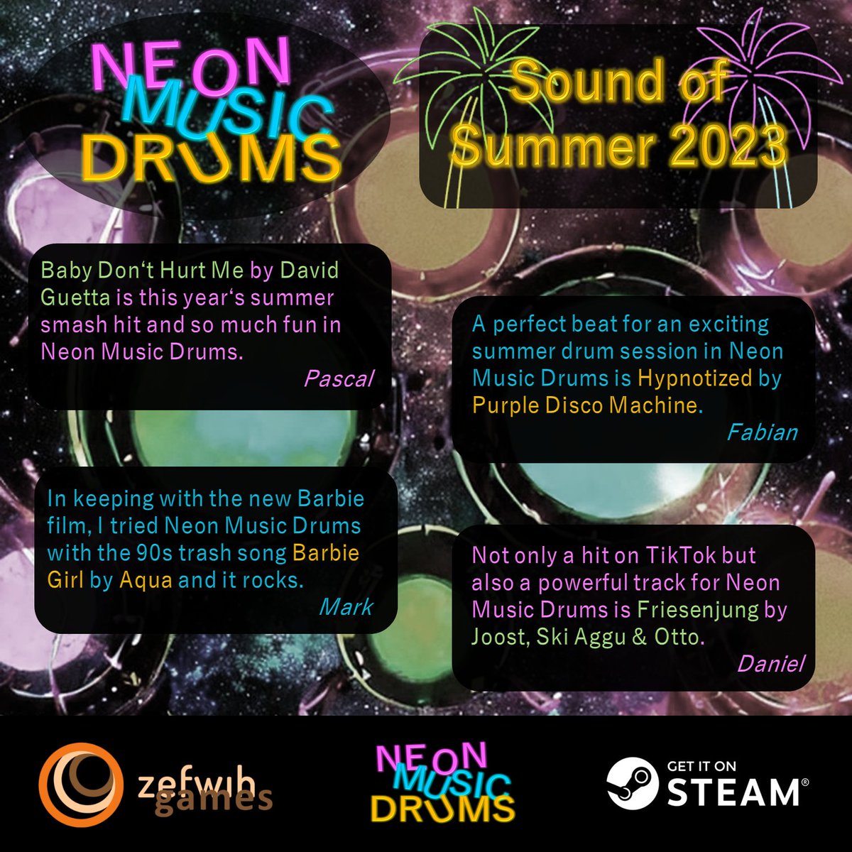 zefwih's tweet photo. As summer is entering its final phase, we present our top summer hits for an electrifying drum session in #NeonMusicDrums. 🎵🌞 Which summer hits bring out the best beats on the drums? 🥁 Get your copy of Neon Music Drums now in the #EndOfSummer sale! 🎮https://t.co/P2carPCKqv https://t.co/BJgG96okLe
