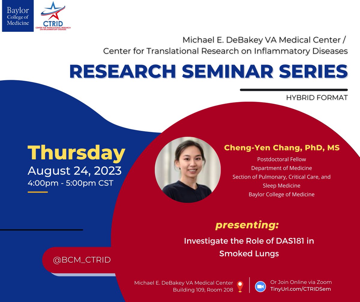 BCM_CTRID's tweet photo. Tomorrow, @bcmhouston #postdoc Dr. Cheng-Yen Chang will present "Investigate the Role of DAS181 in Smoked Lungs" at our #CTRID #research #seminar... You won't want to miss it! ๐ซ
๐๏ธ Thurs, Aug 24 @ 4pm
๐#MEDVAMC Bldg 109, Room 208
๐ฆhttps://t.co/BWSL8RUv9T or email us https://t.co/jmom0ZFgUO
