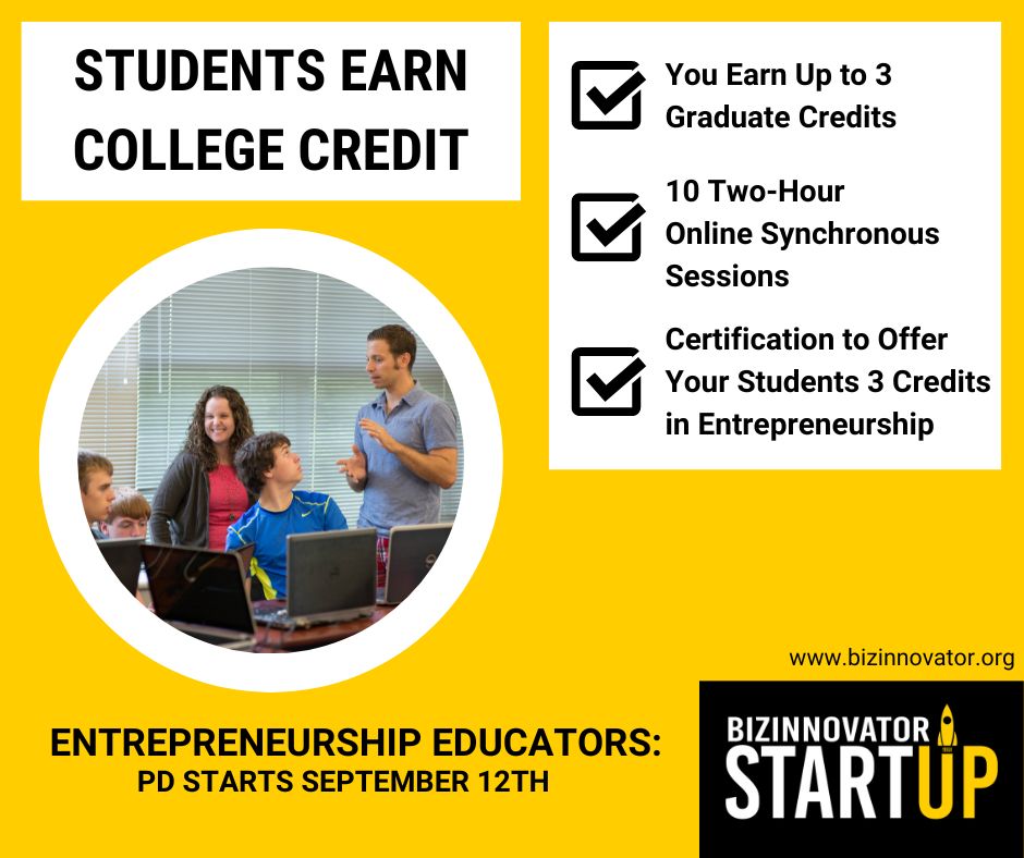 Want to Offer 3 College Credits in Entrepreneurship to Your Students? 

BizInnovator Startup Offers Professional Development to Get You Certified. Starts September 12th! 

Offer Credit as Early as THIS FALL! jacobsoninstitute.org/bizinnovator/p…