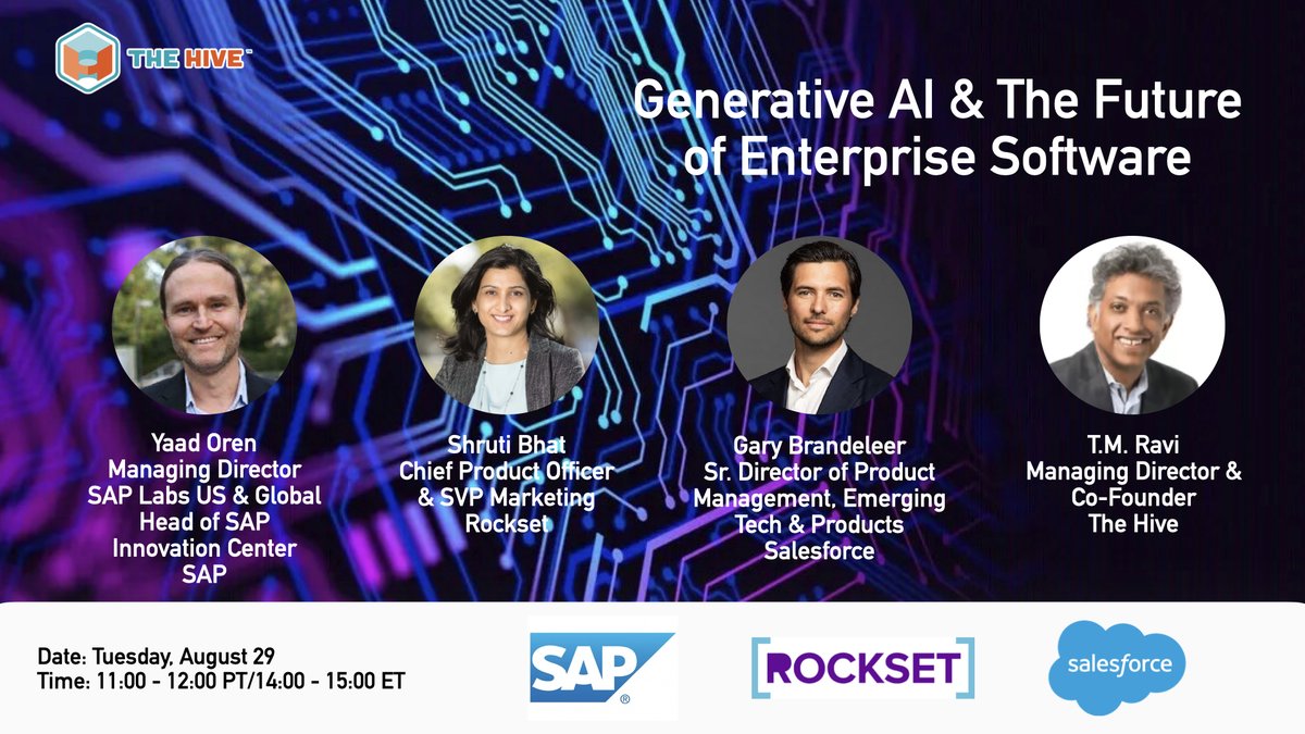 The Hive (@hivedata) on Twitter photo Join us Tue Aug 29th with Yaad Oren <a href="/SAP/">SAP</a>, <a href="/ShrutiBhat/">Shruti Bhat</a> of @RocksetCloud, <a href="/GaryBrandeleer/">Gary Brandeleer</a> of <a href="/salesforce/">Salesforce</a> & <a href="/tmravi/">TM Ravi</a> of @hivedata to discuss how #GenerativeAI provides opportunity to rethink the structure of applications & replace traditional #SaaS #LLM #AI meetup.com/sf-bay-areas-b… Join us Tue Aug 29th with Yaad Oren <a href="/SAP/">SAP</a>, <a href="/ShrutiBhat/">Shruti Bhat</a> of @RocksetCloud, <a href="/GaryBrandeleer/">Gary Brandeleer</a> of <a href="/salesforce/">Salesforce</a> & <a href="/tmravi/">TM Ravi</a> of @hivedata to discuss how #GenerativeAI provides opportunity to rethink the structure of applications & replace traditional #SaaS #LLM #AI meetup.com/sf-bay-areas-b…