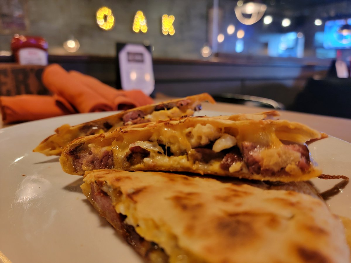 Wednesday Lunch in Chesterland

Brunch Quesadilla - Scrambled Eggs, Thick Cut Bacon and House Smoked Mild Italian Sausage stuffed into a Grilled Flour Tortilla with Cheddar Cheese and House Chipotle Aioli - $13.50

Follow the Smoke to The Oak