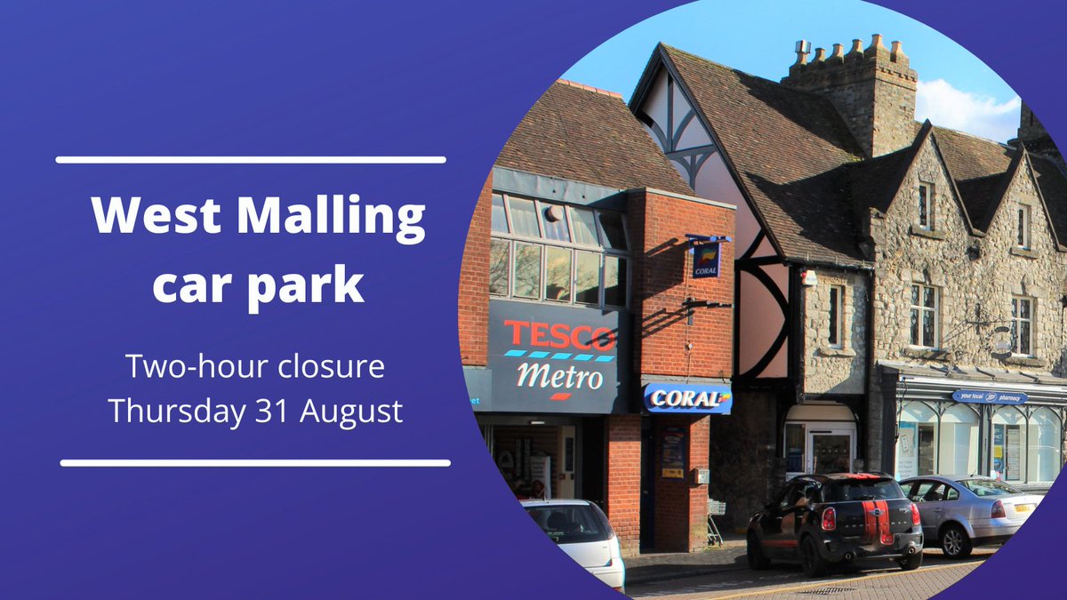 Advanced warning that the main West Malling car park, behind Tesco, will be closed for a few hours next Thursday morning (31 Aug). The closure from 8am to 10am is to allow for the removal of a tree close to the entrance that is interfering with overhead lines.