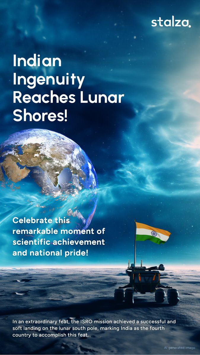 StalzaTech's tweet photo. Congratulations to @ISRO. Their relentless dedication and groundbreaking achievements have made us the fourth country to conquer a lunar landing &amp; the first to touch the southern pole. 🇮🇳🌕
#ISRO #LunarExploration #Chandrayaan3 #Stalza #IndiaOnTheMoon #VikramLander #PragyanRover https://t.co/TgvRu28z3O