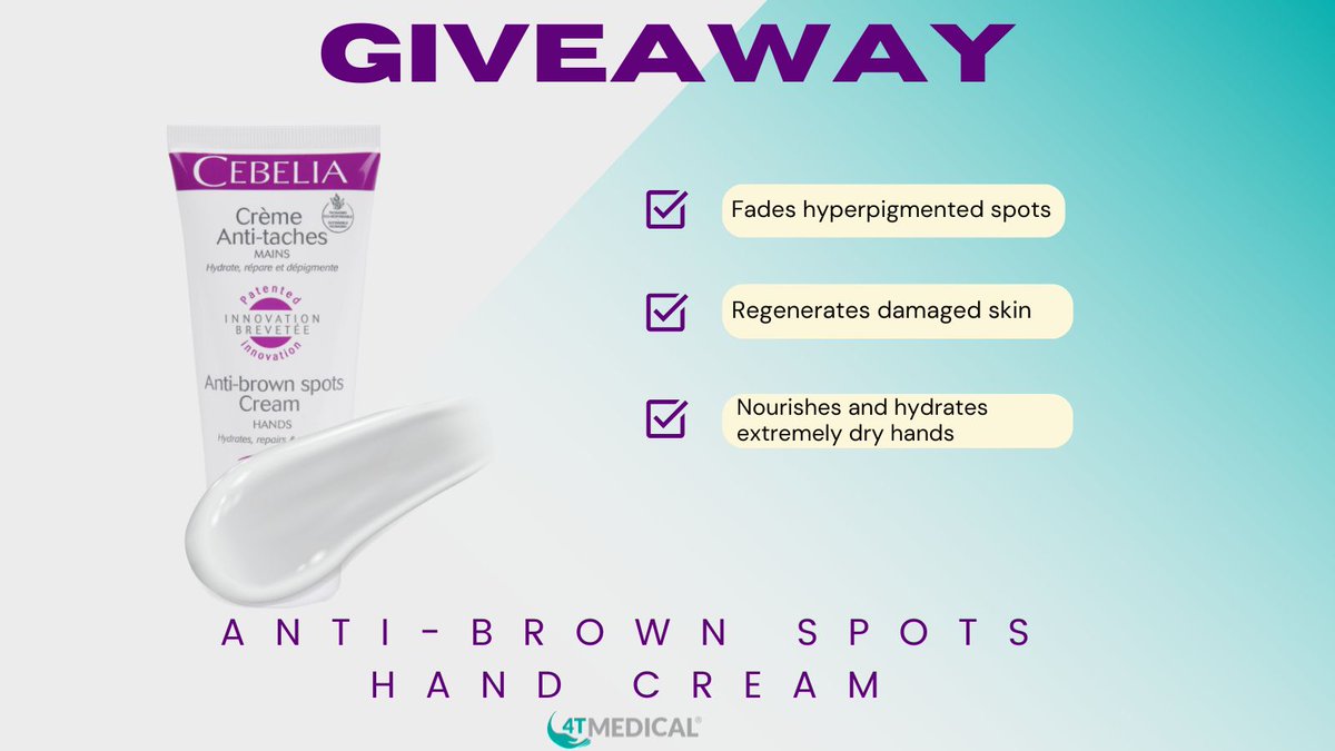 4Tmedical's tweet image. *** COMPETITION*** Follow us and RT this post for a chance to #win a Cebelia Anti-Brown Spots Hand Cream. Ends midnight 20/09/23. UK only.  #Giveaway  #Competition 🎉