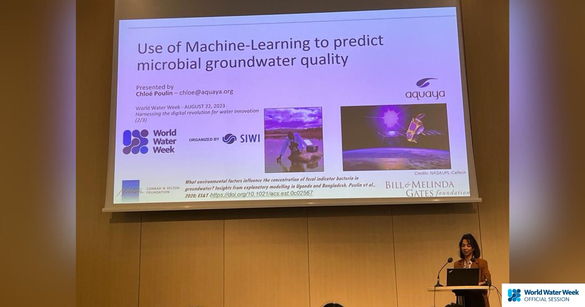 Aquaya's tweet photo. Our Senior Research and Program Manager, Chloé, discusses how machine learning can predict microbial groundwater quality during yesterday's @siwi_www session on 'Harnessing the digital revolution for water innovation.'

▶️: https://t.co/9HdG6ZbeeB

@siwi_water | #AquayaAtWWWeek https://t.co/ZxGJvHORuI