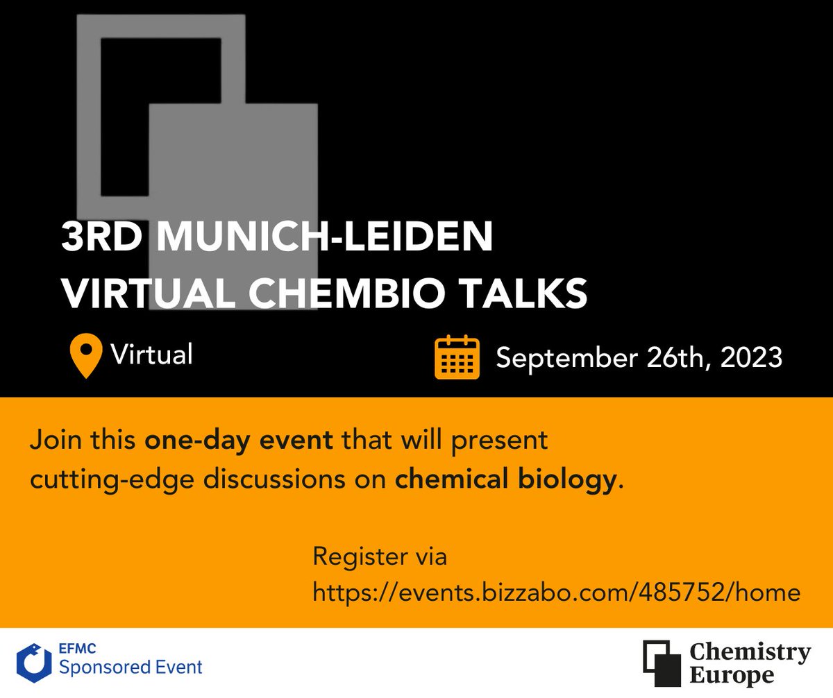 🔬 Join the 3rd Munich-Leiden Virtual ChemBio Talks

📆 September 26th, 2023
📍 Virtual Event
🔗 events.bizzabo.com/485752/home

This event promises a day of discussions on chemical biology topics.
Do not miss out – secure your spot today!

#ChemBioTalks #ChemistryEurope #VirtualEvent