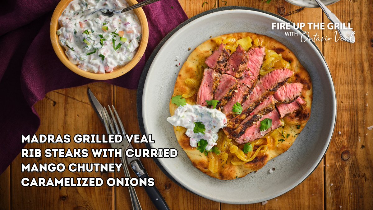 Madras marinated veal rib steaks combined with refreshing raita, mango chutney onions and add to naan bread! Recipe in the new FREE eBook Fire Up the Grill with Ontario Veal loom.ly/0vKJfZ0 #VealAtHome #LoveONTFood <a href="/OntVealAppeal/">Ontario Veal Appeal</a> <a href="/FoodlandOnt/">Foodland Ontario</a> <a href="/MeatPoultryON/">Meat & Poultry Ontario</a> <a href="/ProduceSimple/">Produce Made Simple</a>