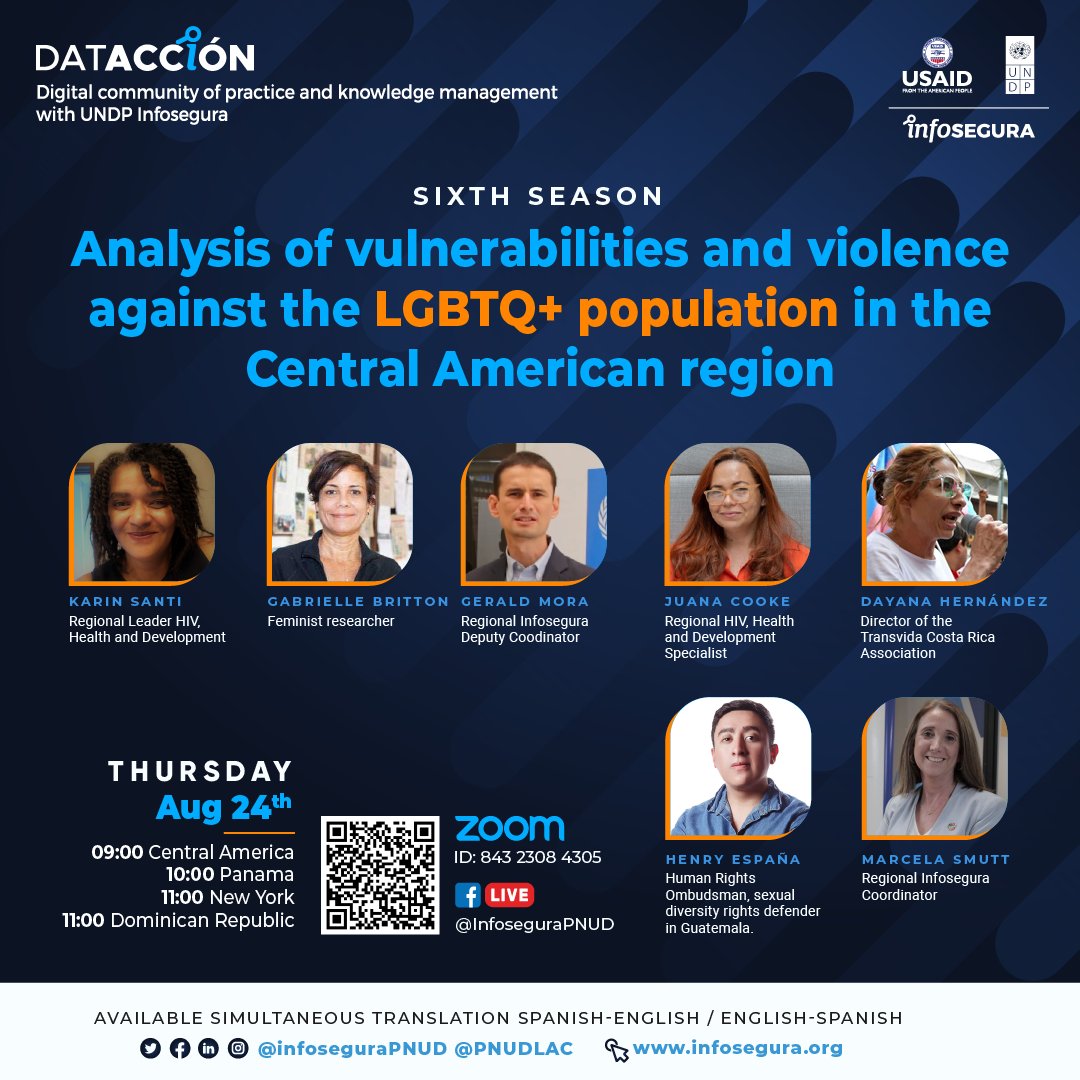 InfoseguraPNUD's tweet photo. 📢 Everything is all set for the next episode of #DATACTION.
We are looking forward to seeing you this Thursday.
We will analyze the vulnerabilities against the LGBTQ+ population in five countries in Central America.
📅 24 August
🕘 9:00 a.m. (Central American time), 10:00 a.m. (Panama), 11:00 a.m. (New York)
📍 Register here: https://t.co/9VJk6DZw52
We'll be expecting you!
@UNDPBelize