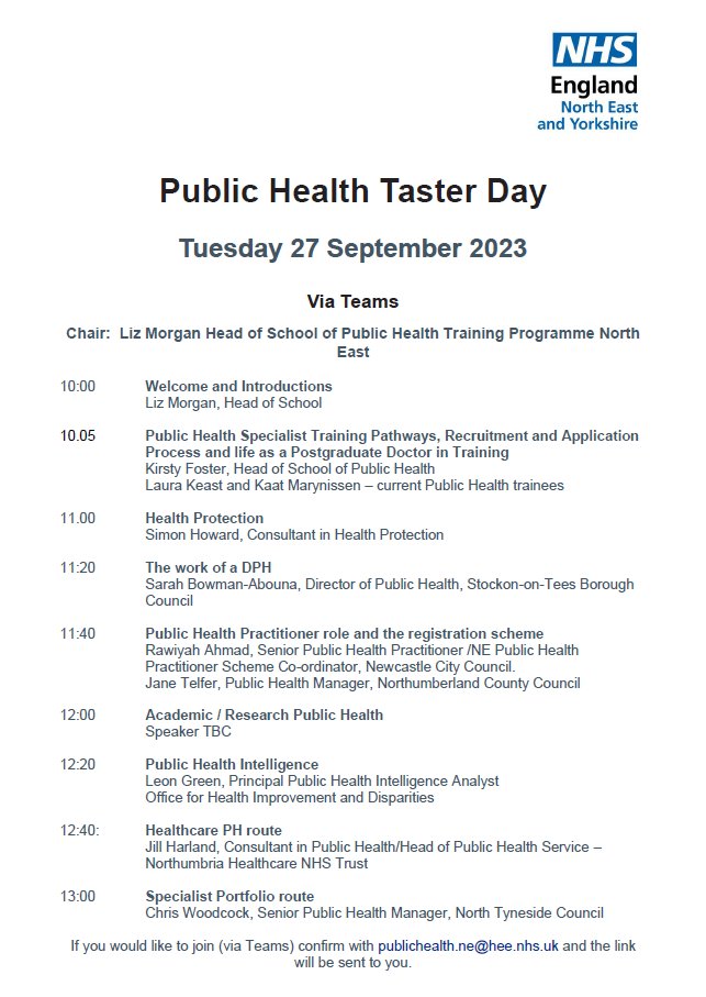 ADPHNE's tweet image. Interested in a career in Public Health?

Join colleagues from across the North East at the Public Health Taster Day - Tuesday 27th Sept

If you would like to join (via Teams) confirm with publichealth.ne@hee.nhs.uk and the link will be sent to you

@NHSE_WTE @FPH @NENC_NHS @OHID