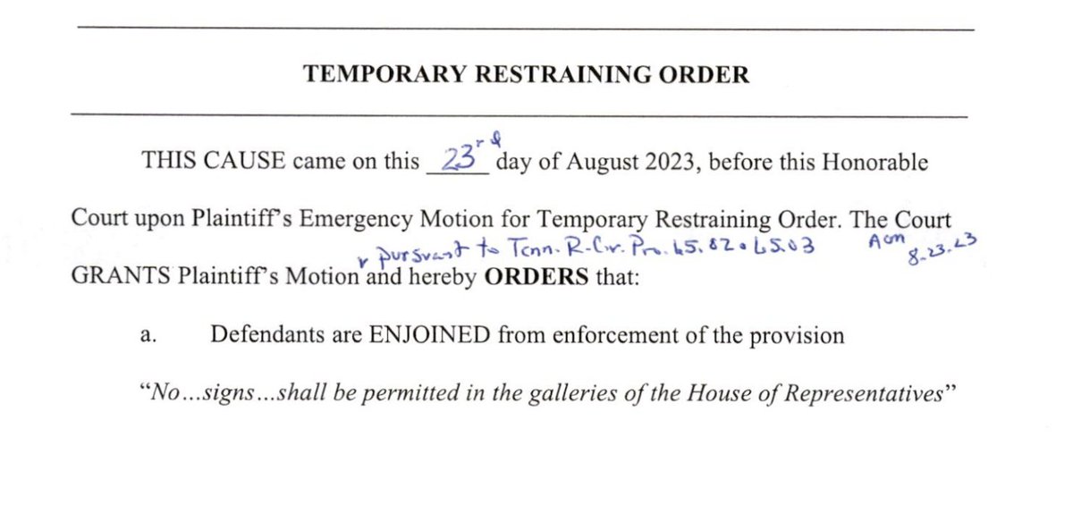 BREAKING: Chancellor Anne Martin has signed a temporary restraining order against the House rule against signs in the galleries.