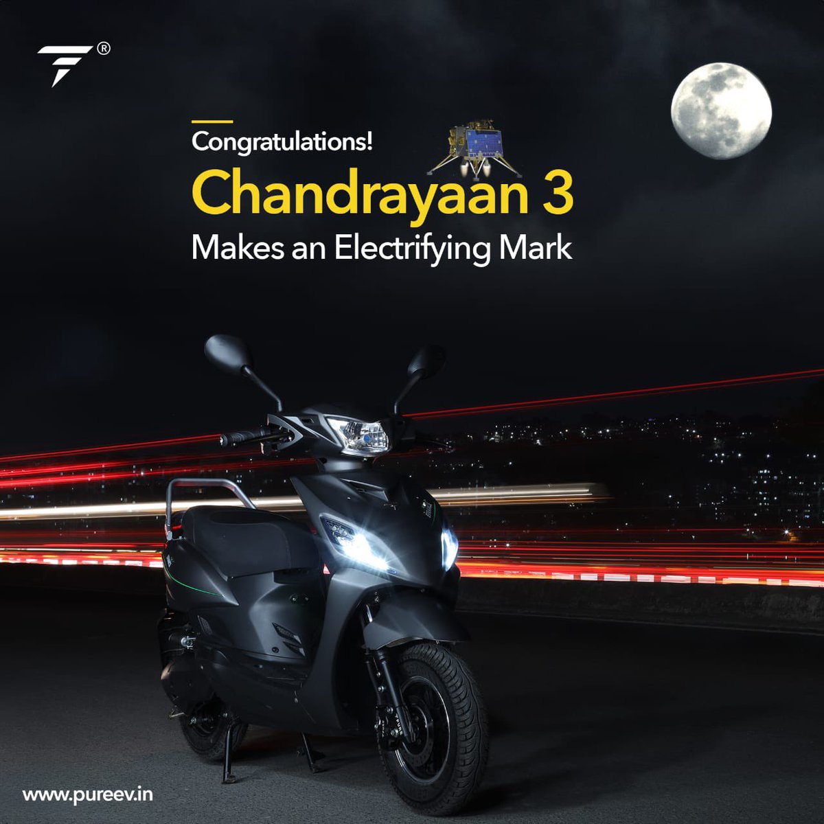 pureenergyindia's tweet photo. A perfect Lunar landing and a Giant leap for India. Congratulations @isro Team on Chandrayaan 3 's Safe Landing

Visit https://t.co/0tIXKCsIvW

#isro #Chandrayaan3 #Chandrayaan3Landing #PureEV #electricscooters #HappyWithPURE #JaiHind #VandeMataram https://t.co/HuF2HVC2Wi