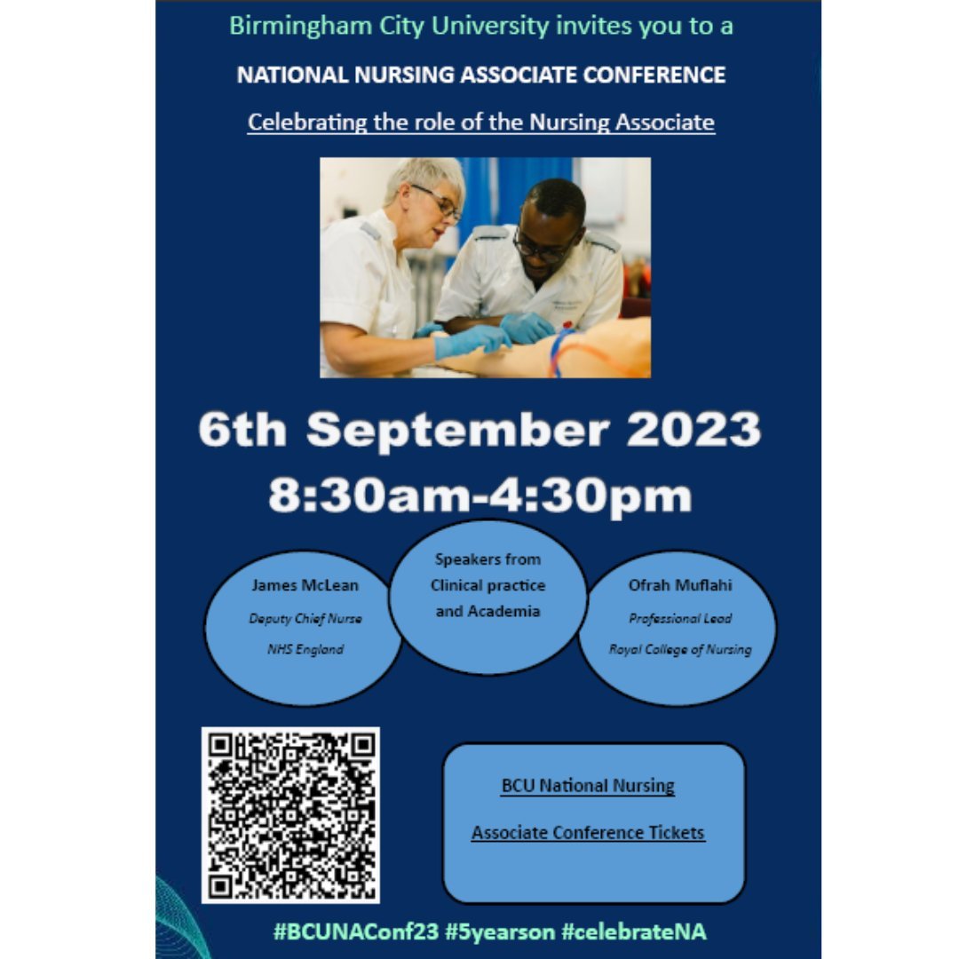 📢<a href="/MyBCU/">Birmingham City University</a> invites you to the BCU National Nursing Associate Conference, celebrating the role of the Nursing Associate!

Hear from a range of speakers from clinical practice and academia

6 Sep, 8.30am-4.30pm at City South Campus
👉rb.gy/0y4ti