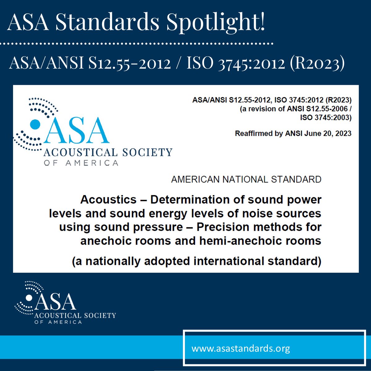 ASA/ANSI S12.55-2012 / ISO 3745:2012 (R2023), "Determination of #soundpower levels and #sound energy levels of #noise sources using sound pressure – Precision methods for anechoic rooms and hemi-anechoic rooms," is a newly reaffirmed standard: bit.ly/3QMsqyF #Acoustics