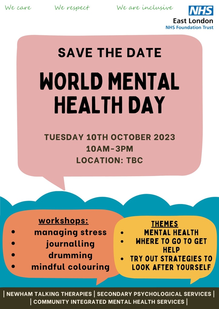 On 10th October 2023 from 10AM-3PM we are hosting an event for world mental health day. We will be running a few workshops on the day such as mindful colouring, how to manage stress, journaling and drumming! 

Save the date - we hope to see you there!

#worldmentalhealthday #nhs