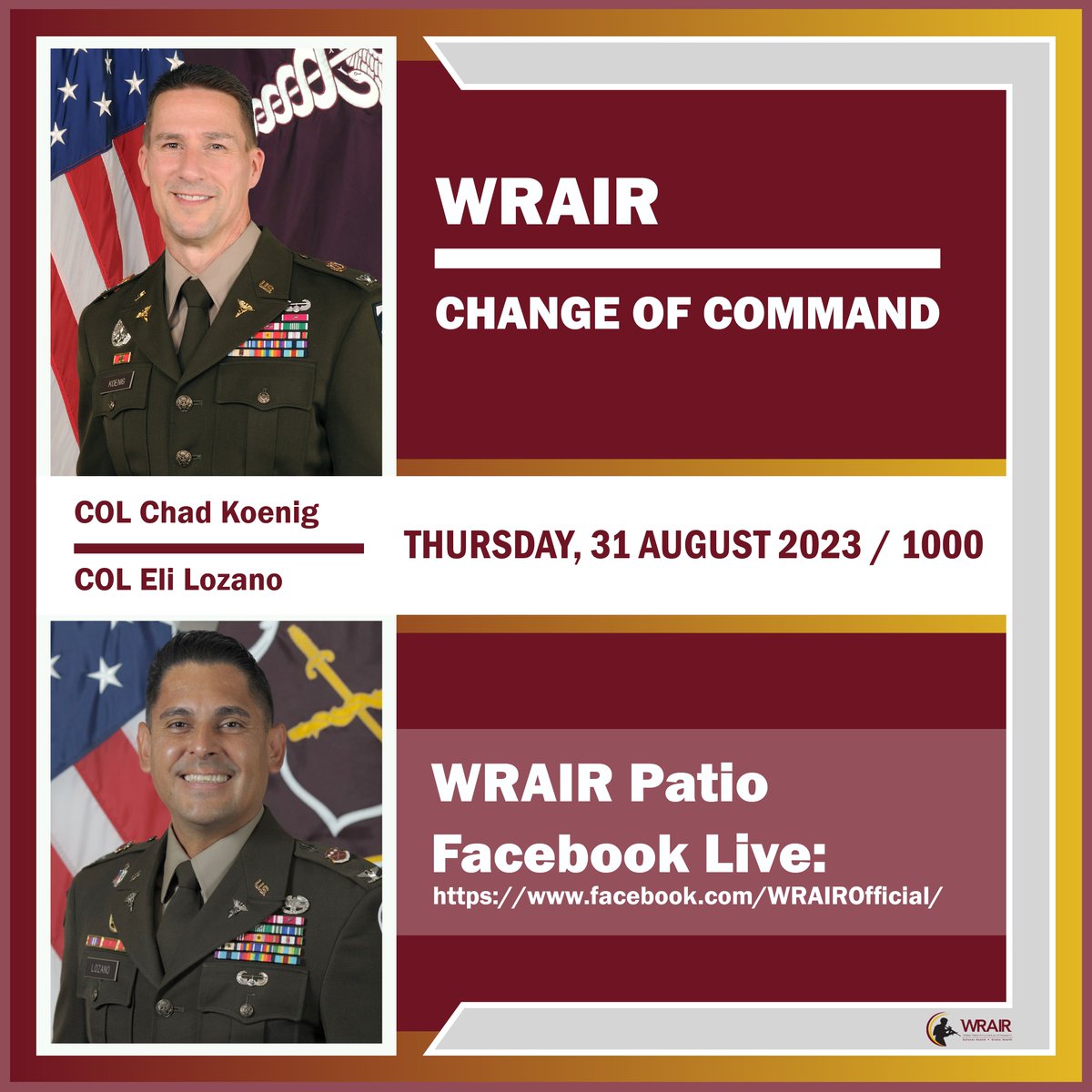 Join us on Aug 31 at 1000 as we welcome our new commander, COL Eli Lozano, and bid farewell to COL Chad Koenig. Watch here: fb.me/e/3OVbRGO5Y