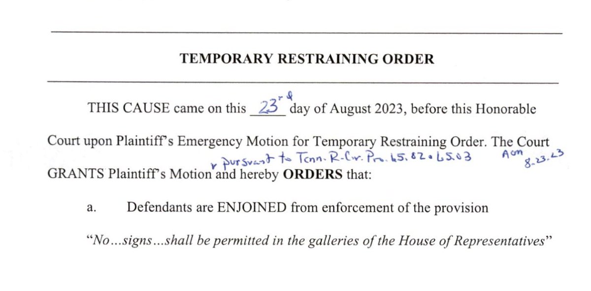 Davidson County Chancery Court Judge Anne Martin has just issued a temporary restraining order barring the TN House of Representatives from enforcing their sign ban