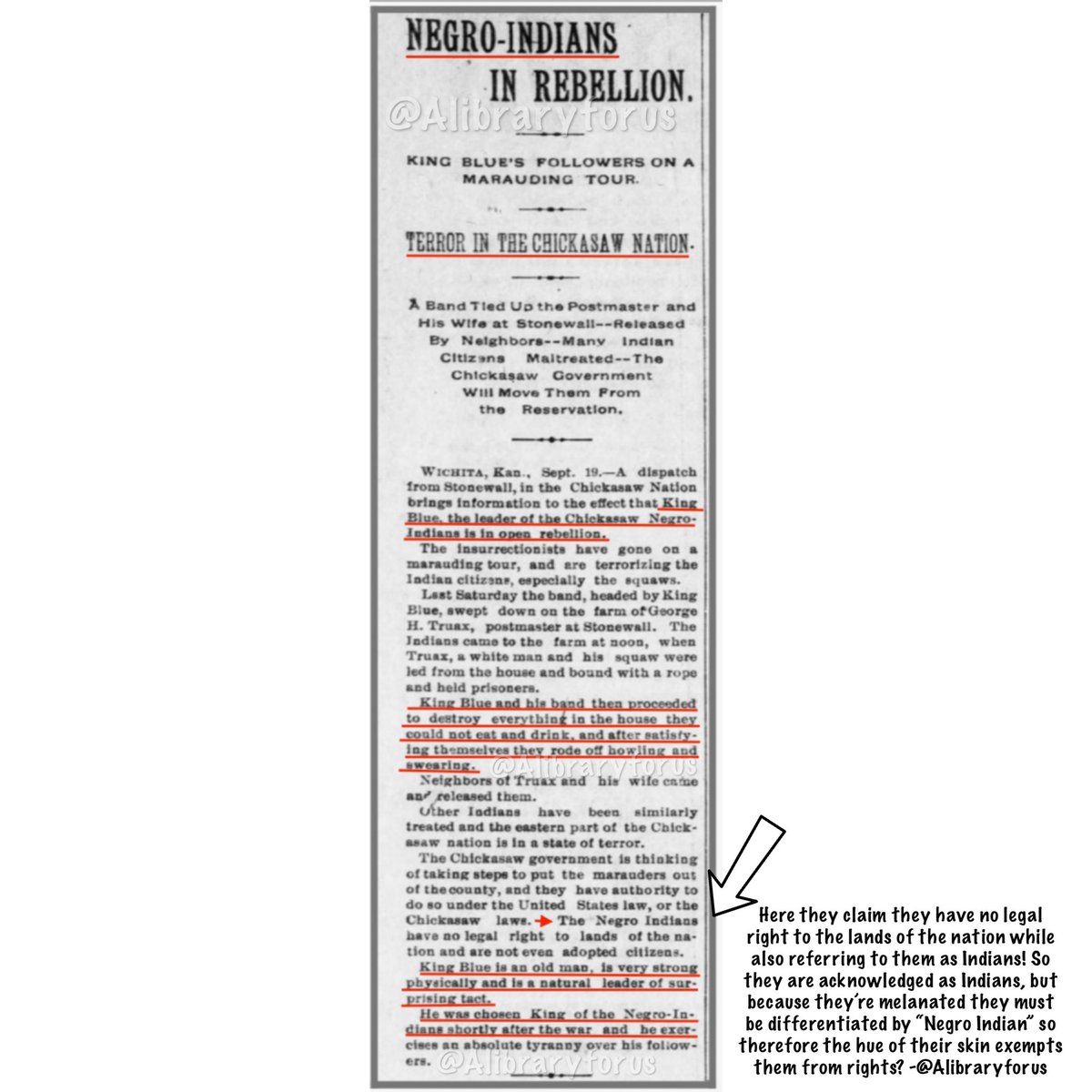 ALibraryForUs's tweet photo. News Article of 1894: Autochthonous American Indians referred to as “Negro Indians” in supposed rebellion in Chickasaw nation due to a White man in the territory #Alibraryforus https://t.co/AP98bTFLJ7