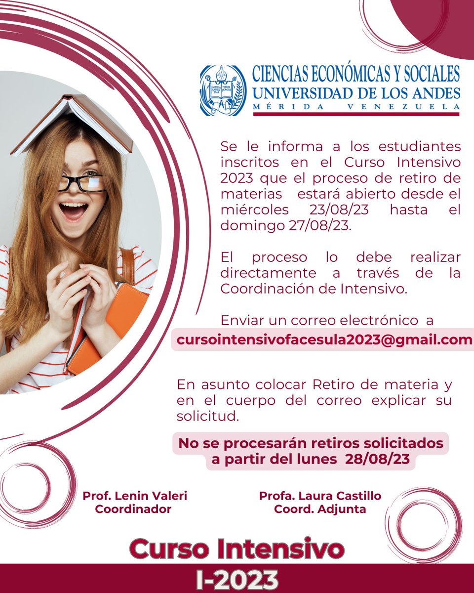 La Coordinación del Curso Intensivo I-2023 informa a los estudiantes de la #FACESULA que el proceso de retiro de materias estará abierto desde este miércoles 23/08 hasta el domingo 27/08.

📌No sé procesarán  retiros solicitados a partir del día lunes 28/08📌