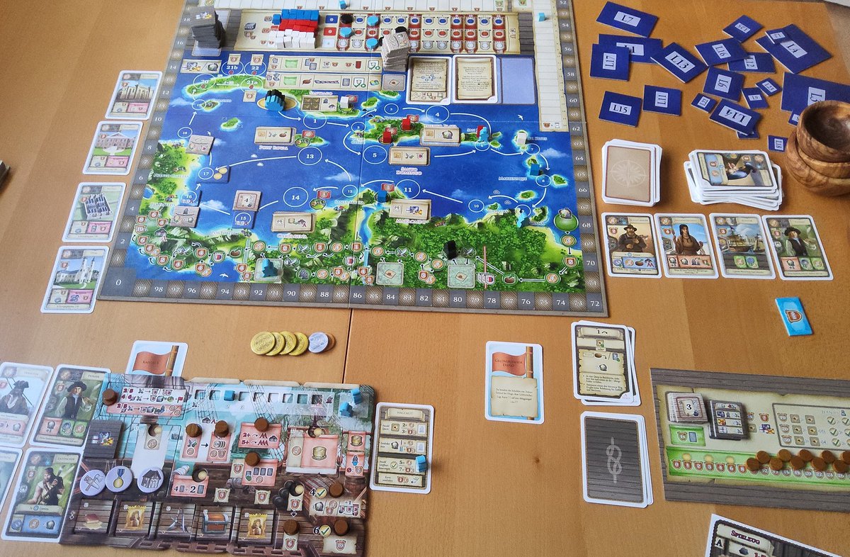 #Solospielen #Maracaibo Am Feierabend starte ich entspannt in die Solokampagne. Entspannt? Der Automa rast durch die karibischen Gewässer als gäb's kein Morgen. In die Wanteeeen!