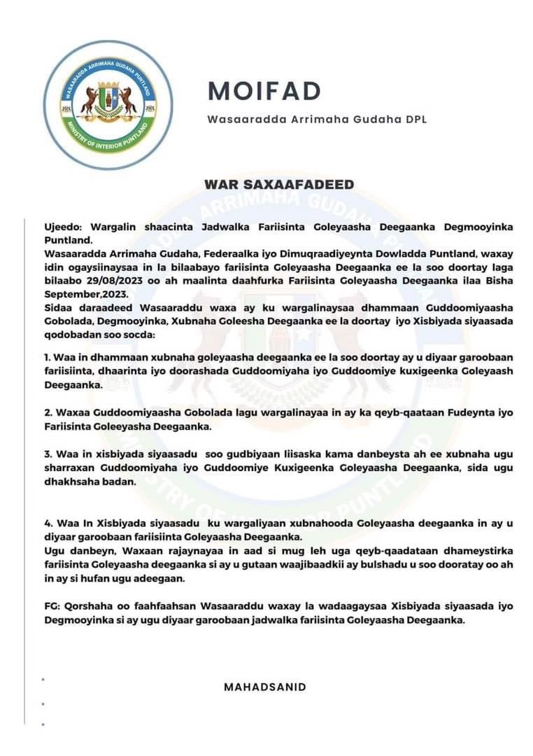 KAAHPParty's tweet photo. Wasaarada @MOIFAD Puntland ayaa shaacisay xiliga la fariisin doono xildhibaanada goleyaasha deegaanka ee la soo doortay. https://t.co/kmjwaYmFmC