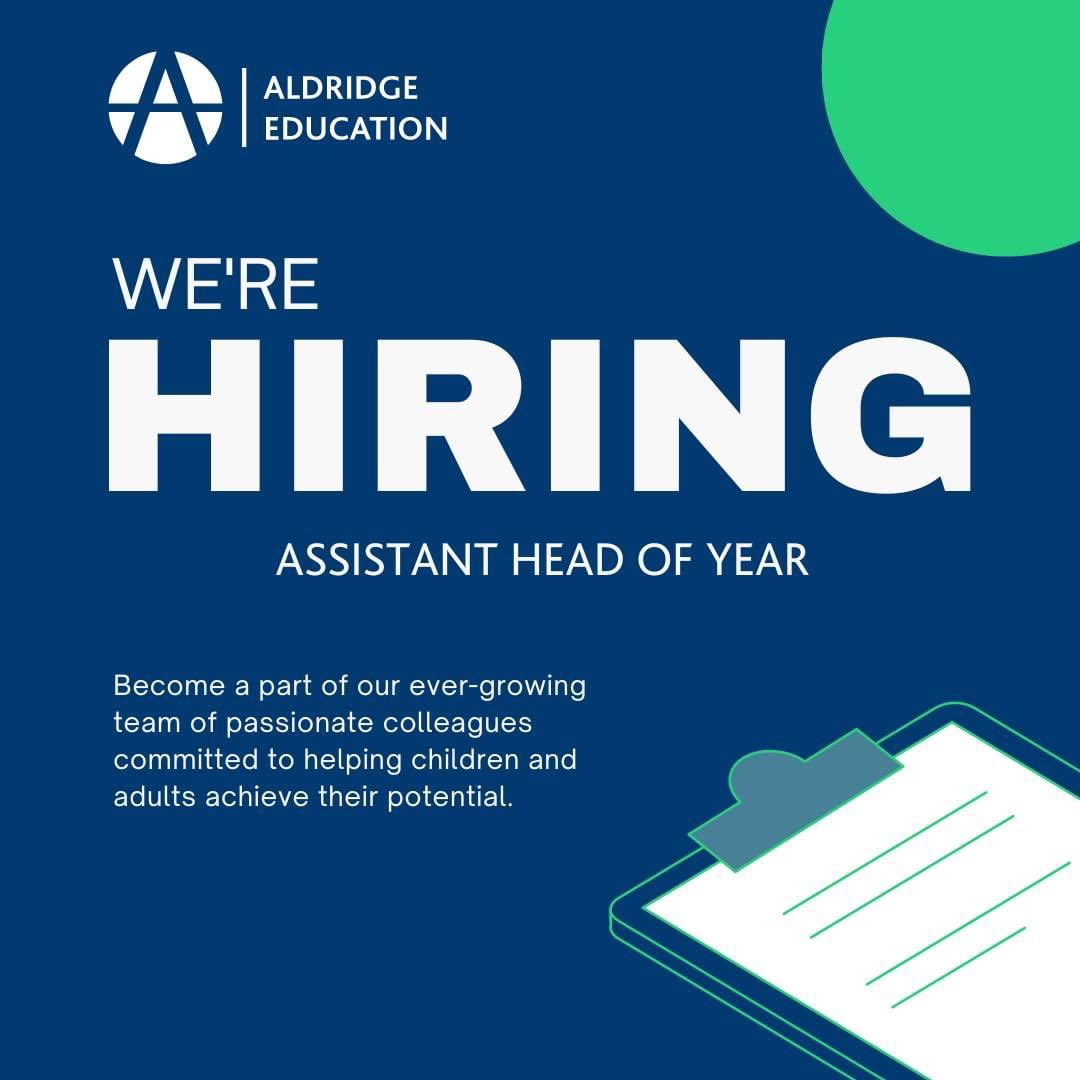 We’re recruiting for an Assistant Head of Year <a href="/DarwenVale/">Darwen Vale High School</a> <a href="/aldridgeonline/">Aldridge Education</a> to join our fantastic pastoral team. Apply now! #pastoral #edutwitter #recruitment #education 

drp.li/TmcNx