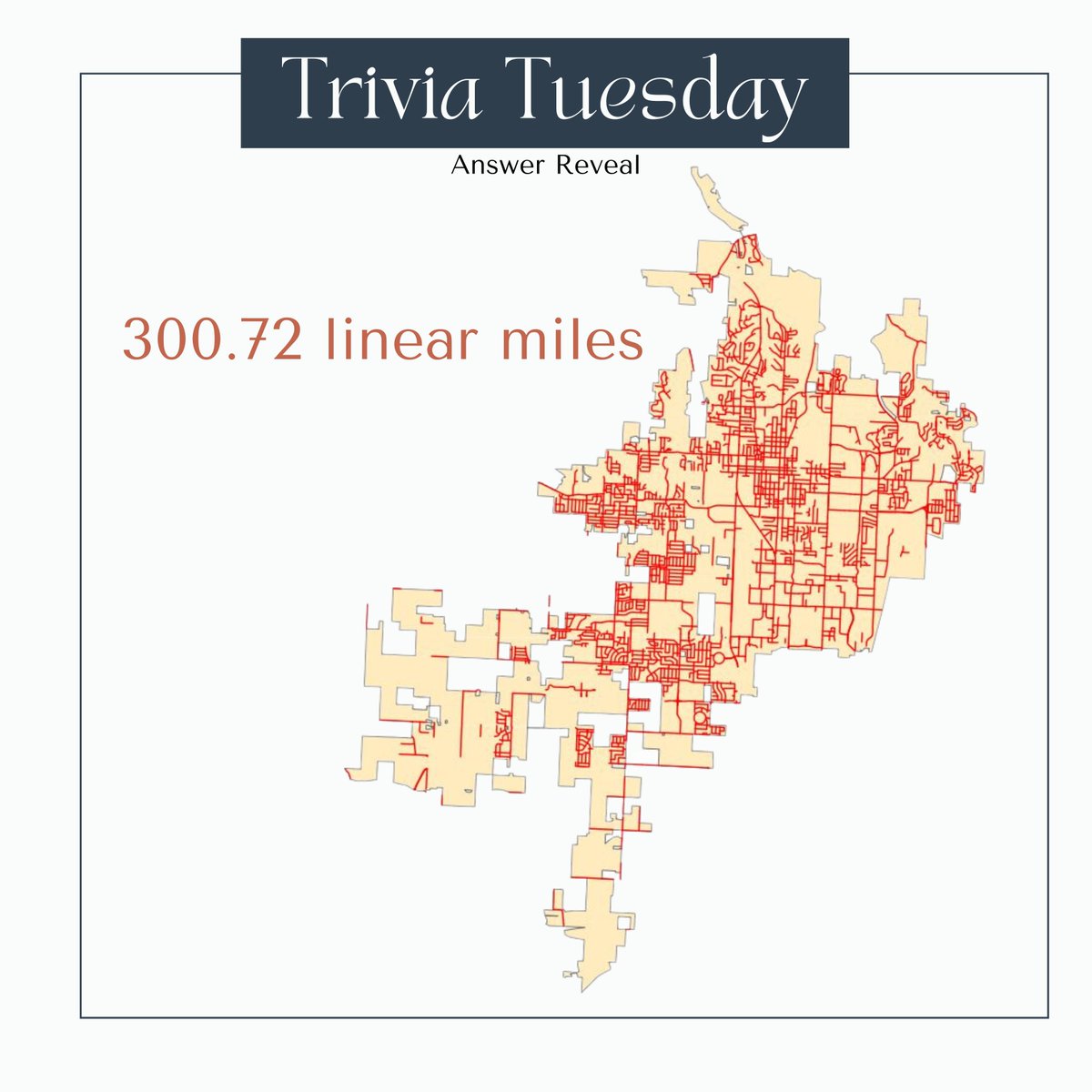 That's right! bentonville is made up of 300.72 linear miles!
#Bentonville150 #150andStrong #TriviaTuesday #GIS