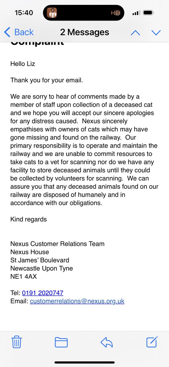 @NexusMetro disposing of deceased cats from the metro lines, no time to scan? Or ring someone to collect. Poor excuses from a massive company. Absolutely heartless 😢
@HelenaAbrahams @gizmos_legacy @JamesDalyMP