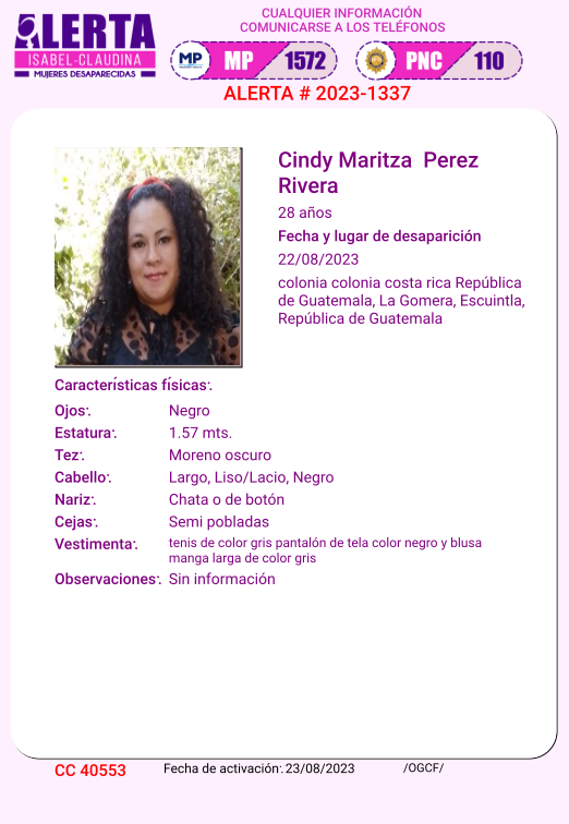 isabel_claudina's tweet photo. #AlertaIsabelClaudina
Ayúdenos a encontrar a
Cindy Maritza Perez Rivera
Desapareció el 22 de agosto de 2023
Cualquier información comunicarse al teléfono  1572 https://t.co/Mazb3oXWVO