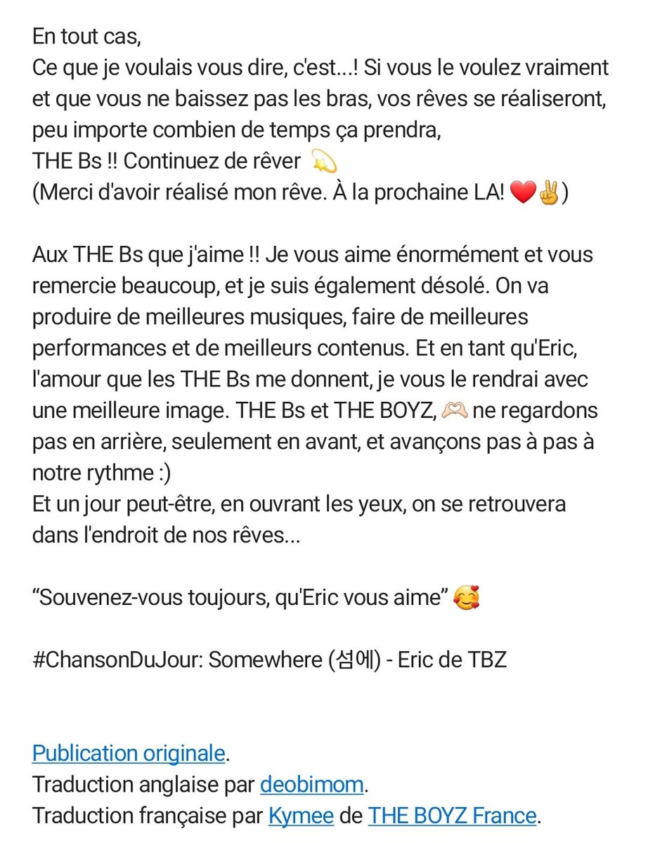 TheBoyzFrance's tweet photo. #ERIC | 230823 ー FANCAFÉ

Eric a publié une lettre sur le fancafé "À mes bien-aimés et précieux THE Bs... 💗"

"Et un jour peut-être, en ouvrant les yeux, on se retrouvera dans l'endroit de nos rêves..."

🦄 https://t.co/F0Gr6vbJ9Y

Cr. https://t.co/psAi2T2W8H
En. @deobimom
Fr. Kymee | THE BOYZ France
#더보이즈 @WE_THE_BOYZ