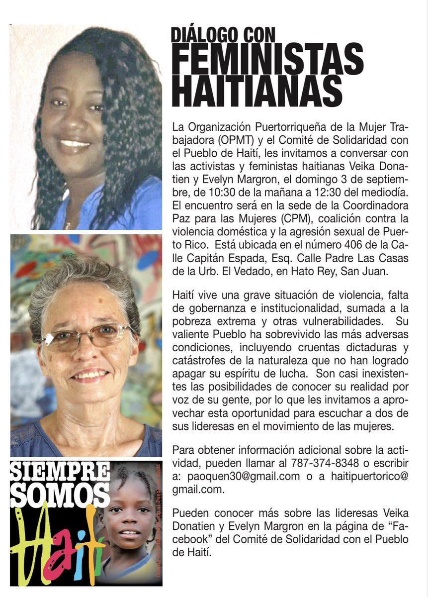 Diálogo con las Feministas Haitianas. Separen la fecha: domingo, 3 de septiembre 2023 a las 10:30am.