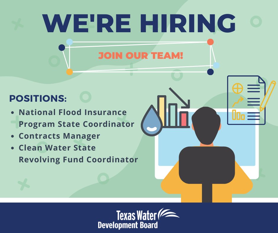 twdb's tweet photo. Are you looking for a career working in water? Now is a great time to join our team at the @TWDB! Visit our Career Opportunities webpage for details and more listings at https://t.co/w2NgFzOGUY. 

#txwater #texasjobs #workinwater #jobpostings #hiringnow #joinourteam https://t.co/8I0rdsIhsH
