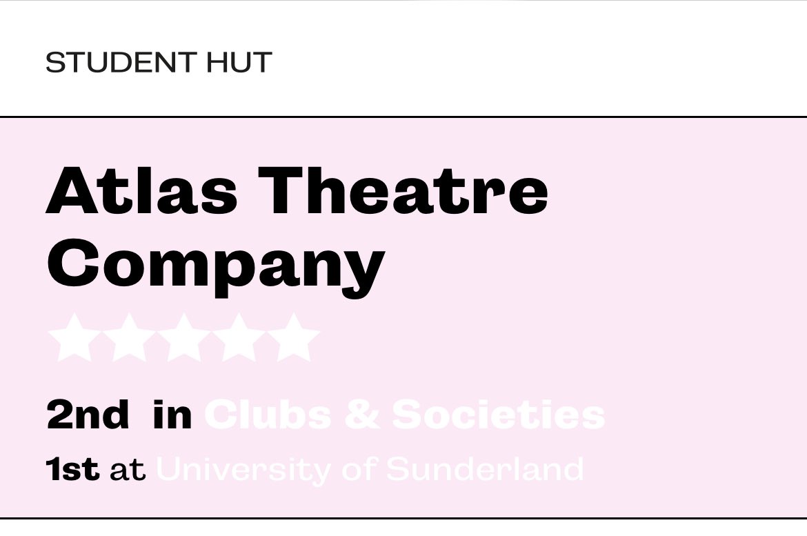 AtlasTheatreCo's tweet photo. Did you know on student hut our group at @sunderlanduni ranks 2nd in Clubs and Society in the UK!!! ⭐️ 🇬🇧 

And 1st Place at @sunderlandsu 

#studenthut #universityofsunderland #sunderlandsu #YourSU https://t.co/aDQBVPQKwD