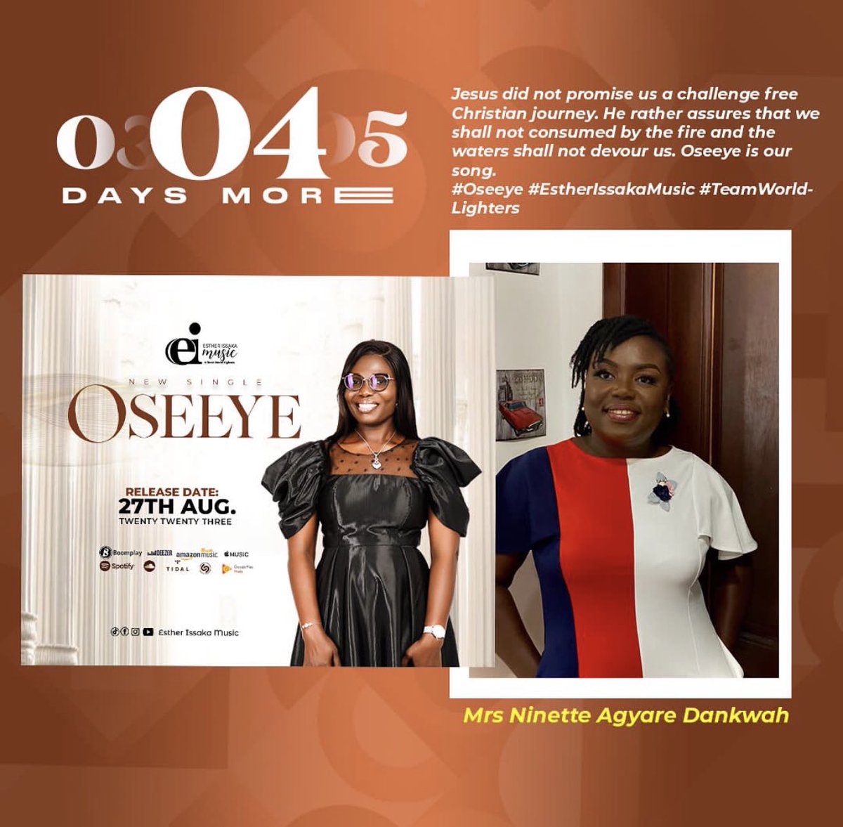 EAZIMANDOTCOM's tweet photo. ENTERTAINMENT: God in his own way bless us abundantly when we wait patiently at the right time. ESTHER ISSAKA MUSIC  has four days to release uplifting touching gospel song on 27th August, 2023 titled ‘Oseeye’. https://t.co/NGaPmg3Ih2
