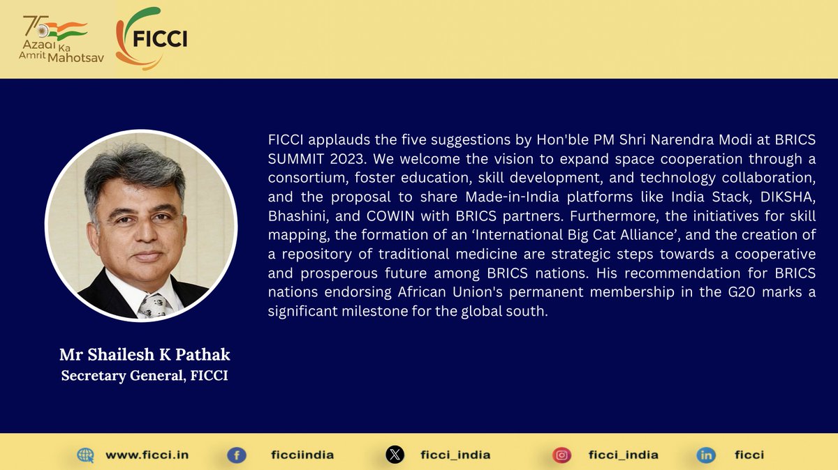 FICCI applauds Hon'ble PM Shri @narendramodi's address at #BRICSSummit2023. His exhortation to BRICS nations for endorsing African Union's permanent membership in the G20 marks a significant milestone for the global south: FICCI SG Mr @shypk. @PMOIndia @bricscouncil_in