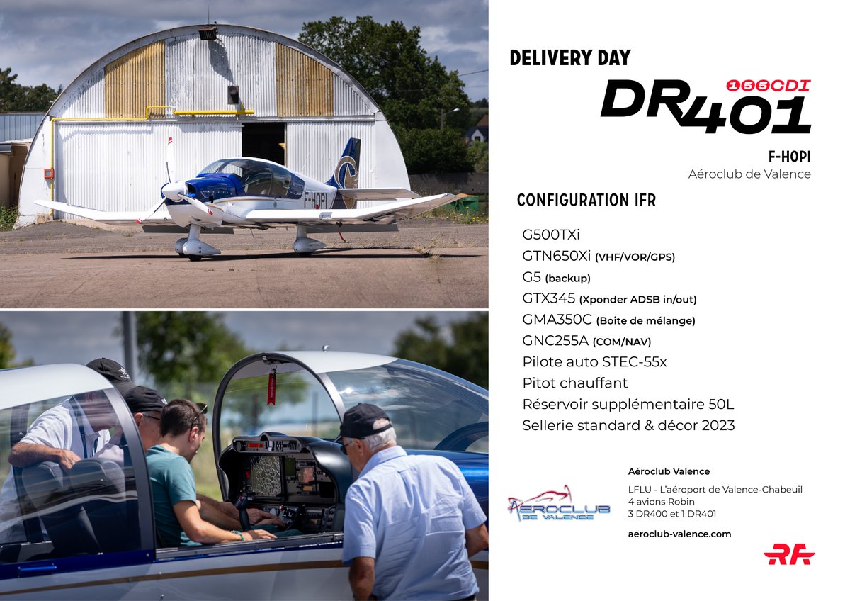Delivery Day - 27 juillet 2023

Les ateliers Robin Aircraft ont accueilli l'Aéroclub de Valence pour la livraison de leur nouveau #DR401-155CDI. Un grand merci à cet aéroclub pour leur confiance !

#aviationlégère #passionaviation #woodenplane #aviationcommunity #aeroclub #aero