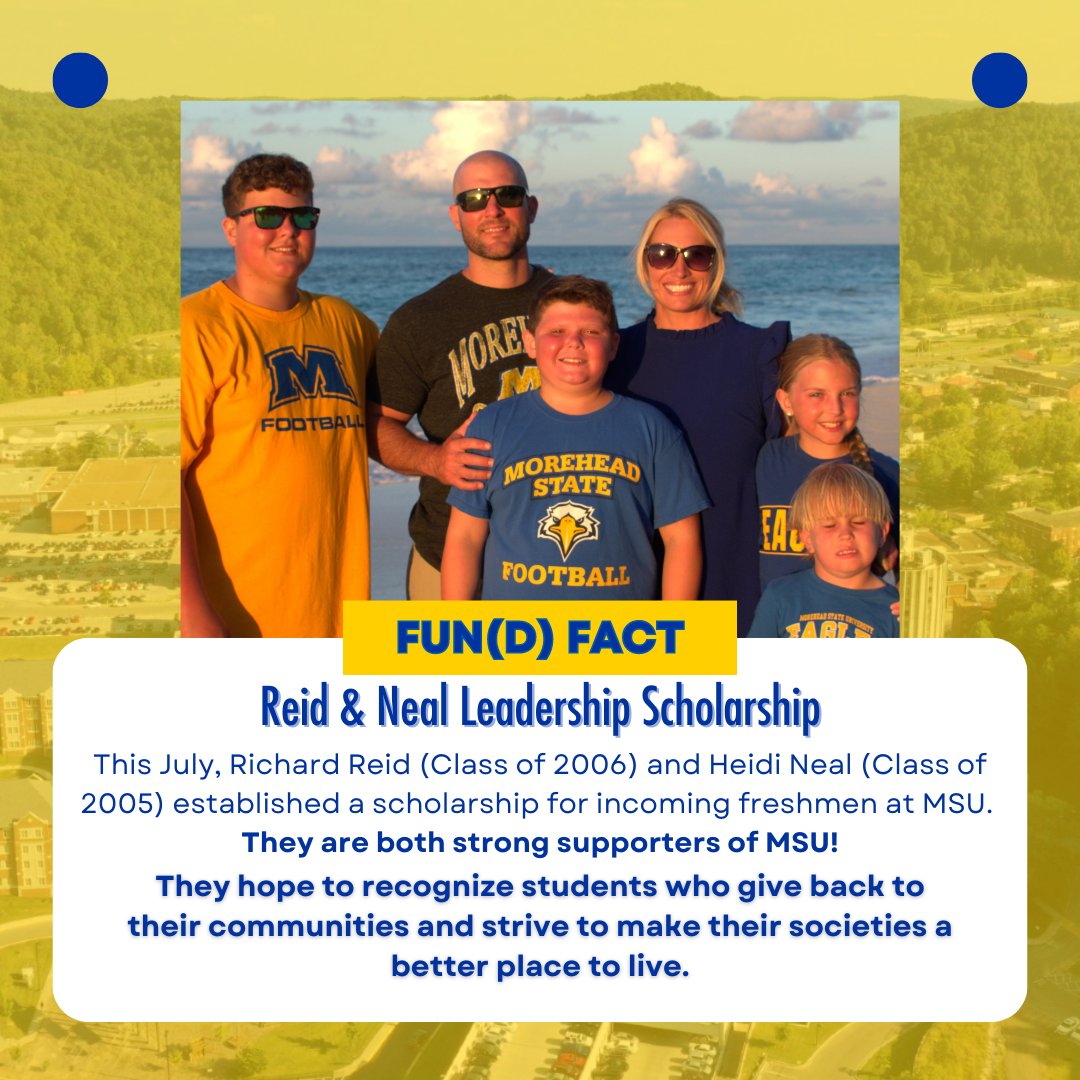 MSU_AlumniAssn's tweet image. A Special Fun(d) Fact 🧠

This scholarship was established in July of this year by J. Richard Reid (&apos;06) and Dr. Heidi Neal (&apos;05).  Both Reid and Neal are #MoreheadAlumni with a passion for its community and leadership.