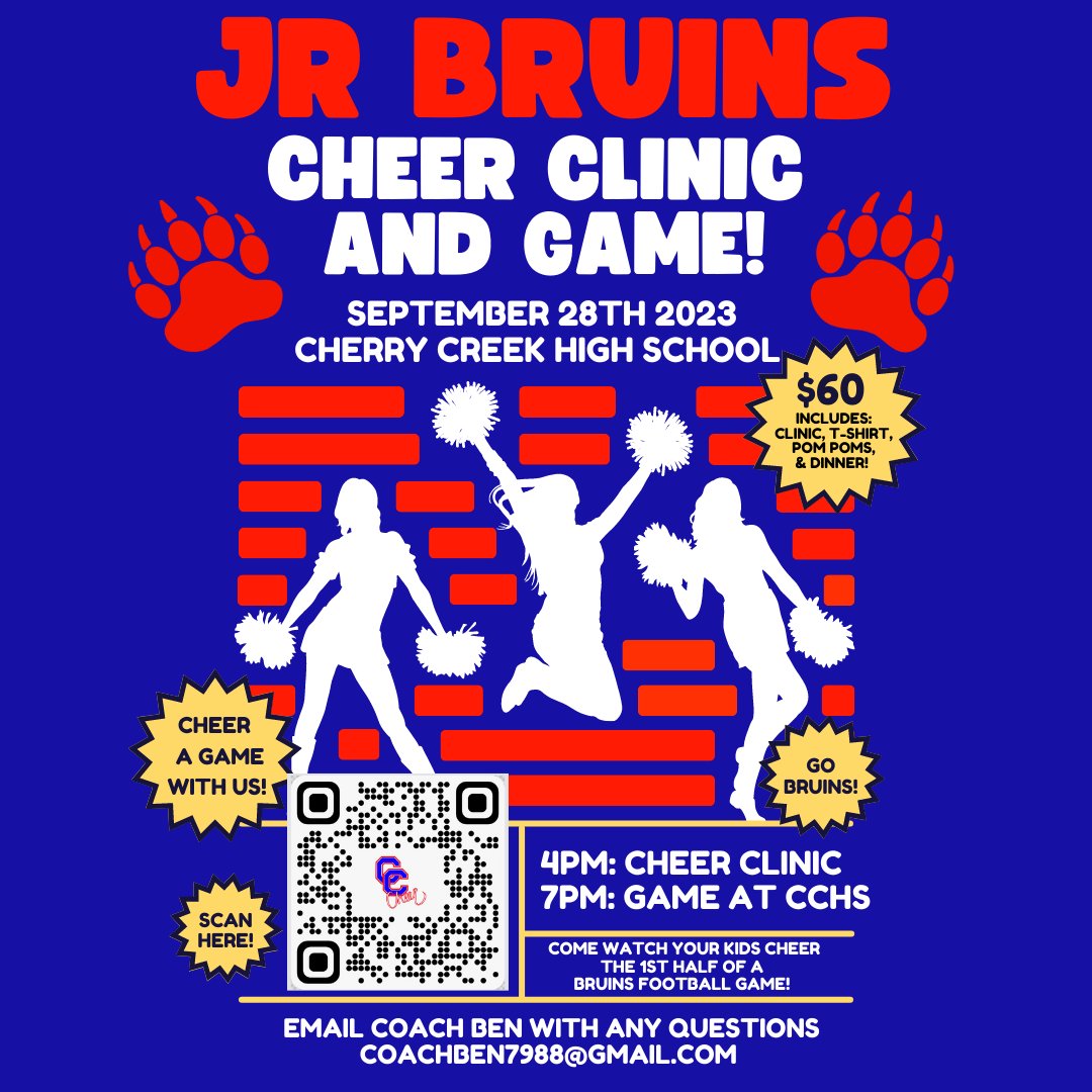 Cheer Junior Bruins! September 28th, come cheer under the big lights with us! Ages 5-13 welcome. Register at milehighsportscamps.com/cheerleading-j…