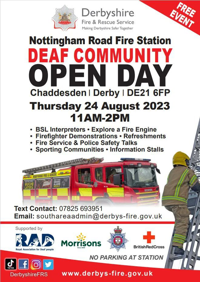 Fantastic event tomorrow at Nottingham Road Fire Station @NottmRoadFS ensuring our Deaf community members feel valued and respected by @DerbyshireFRS Safety messages in BSL to ensure understanding