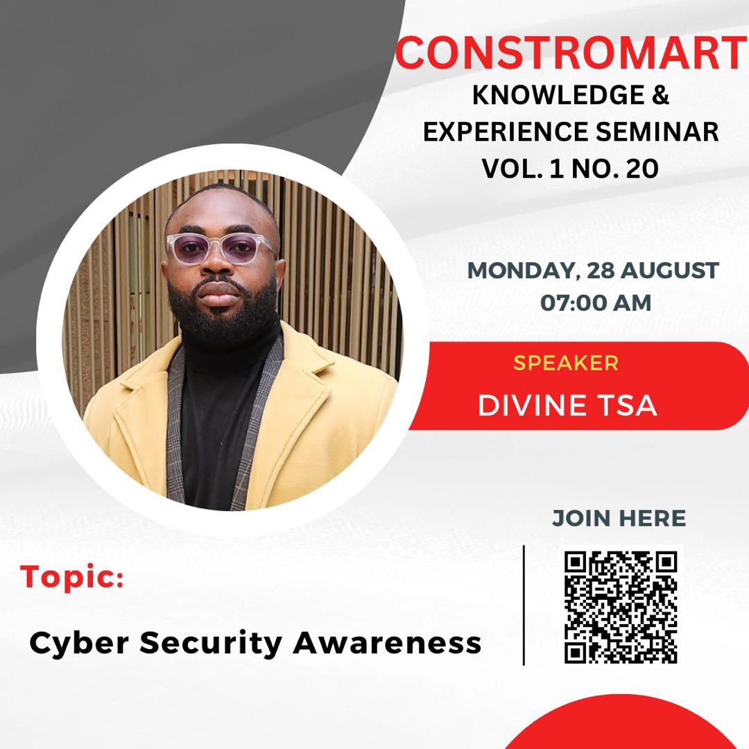 Constromart_Gh's tweet photo. Join us on the Knowledge and Experience seminar on Monday, August 28 at 7:00am, for a discussion about #cybersecurity with Divine Tsa.
#KnowledgeAndExperience #CybersecuritySeminars https://t.co/TvVJcikIk9