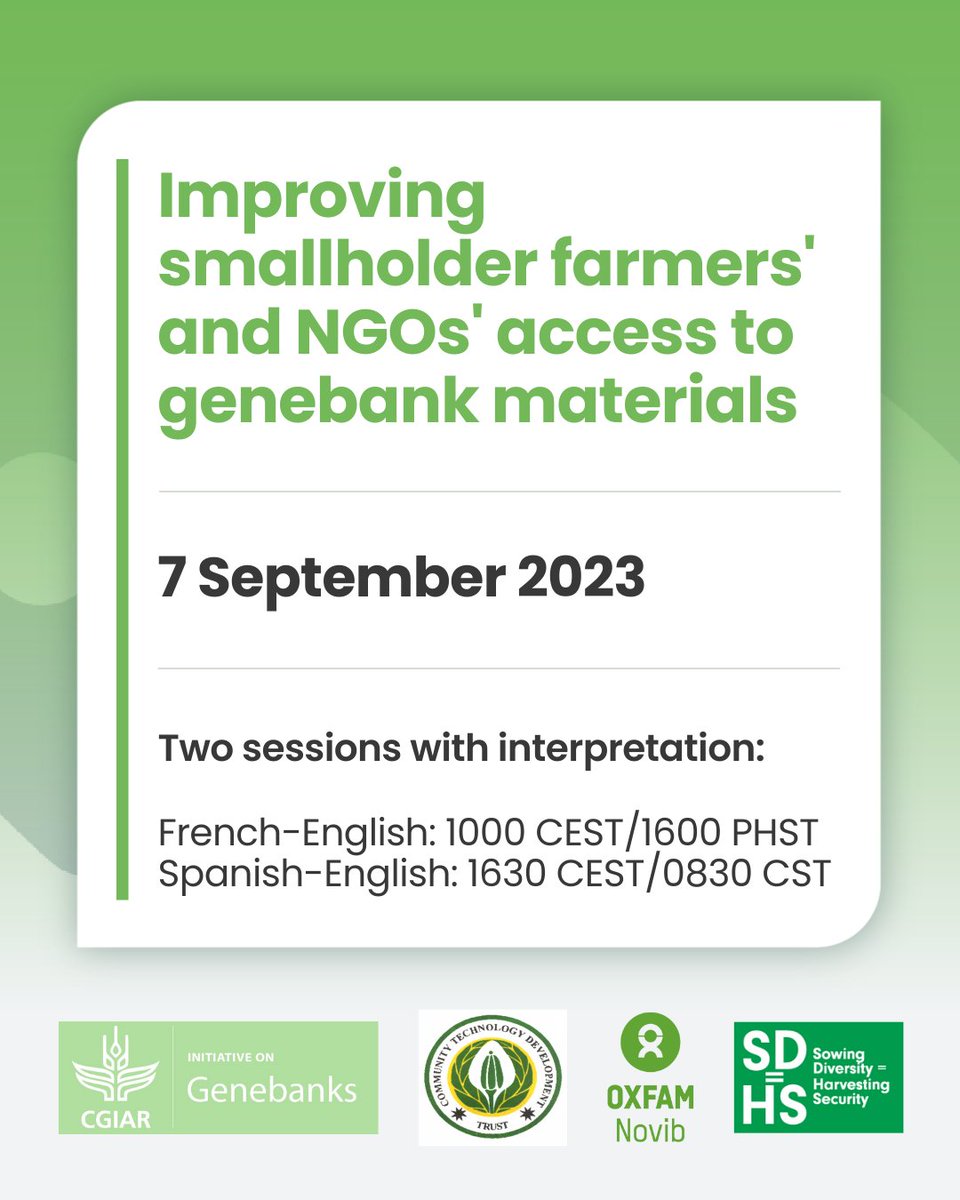 CGIARenviro's tweet image. Genebanks can help farmers and NGOs respond to challenges like #ClimateChange.

Learn how at our webinar on 7 September.

French-English session
▶️ bit.ly/3qQk5zb 
Spanish-English session 
▶️ bit.ly/3YO7c5x

@CGIAR @CtdtZimbabwe @oxfamnovib @sdhsprogram