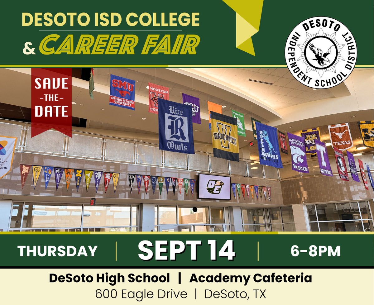 📅 Save The Date

Hey Eagles, mark your calendars for our College &amp; Career Day, happening Thursday, Sept. 14 from 6 p.m. - 8 p.m. at DeSoto High School! Spread the word and we’ll see you there!

#SoaringForward 🦅