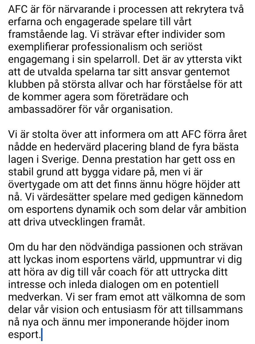 Efter en topp 4-placering förra året är AFC redo att satsa på nya ambitioner. Just nu letar vi efter två FIFA E-sport spelare att välkomna till vårt lag. Om du är intresserad, tveka inte att kontakta @JaderiZx_ för vidare frågor och information.