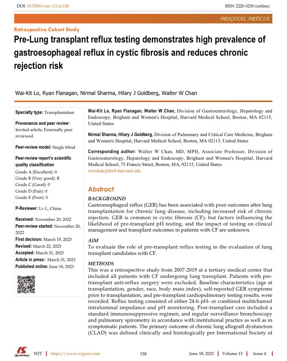 What are the roles of #GERD & reflux testing in lung transplant pts w/ cystic fibrosis? Our study showed: ⭐️~60% w/ ⬆️reflux on pre-transplant testing ⭐️Reflux testing less often done in #CF vs other 🫁diseases ⭐️⬇️CLAD in pts w/ pre-transplant testing 🔗dx.doi.org/10.5500/wjt.v1…