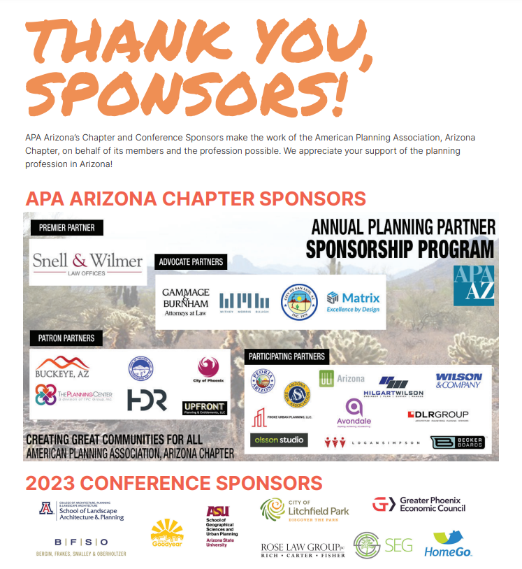 AZPlanning's tweet photo. As we are putting the finishing touches on the 2023 Arizona State Planning Conference, we want to thank our wonderful sponsors for making it all possible. Make sure to visit them Thursday night during the Planner's Bazaar.

https://t.co/5OnzsIpdpb https://t.co/lyLOE7VjNX