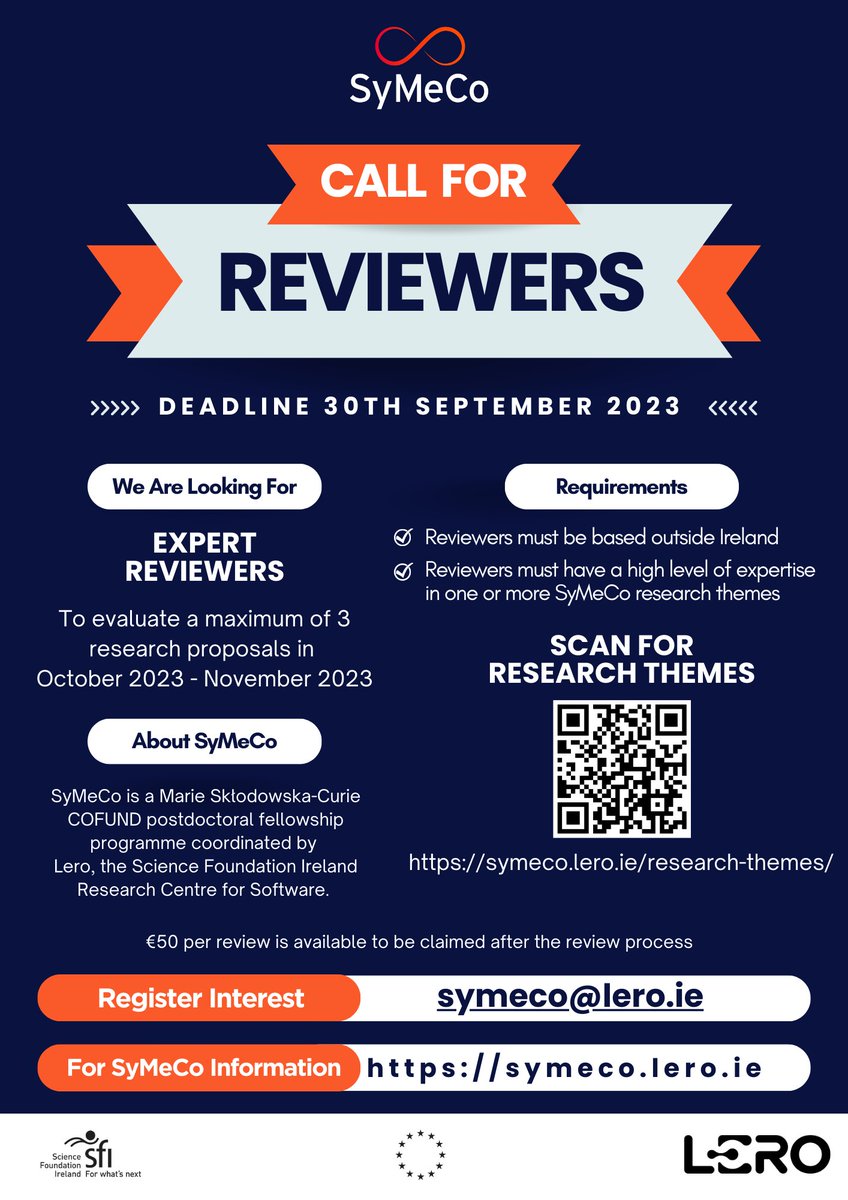 Lero is seeking expert reviewers for the @SyMeCoCOFUND @MSCActions post-doctoral fellowship programme. More information ➡ symeco.lero.ie #SoftwareForABetterWorld #BelieveInScience