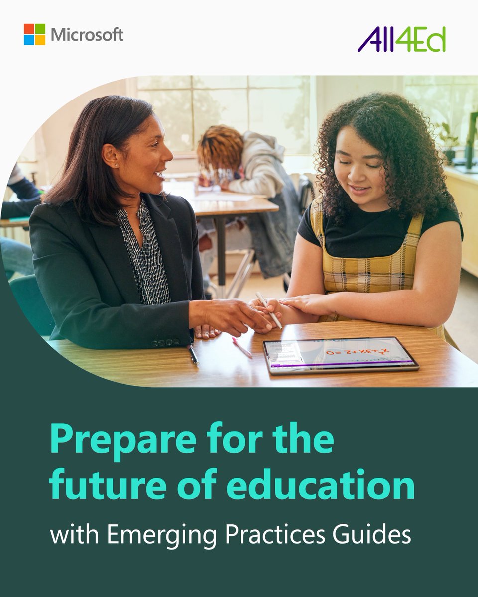 Be prepared for future planning on hot topics like AI, equity, and cybersecurity. #MicrosoftEDU and @All4Ed have teamed up to create Emerging Practices Guides to provide just-in-time solutions to pressing questions facing school and district leaders. msft.it/60169uC2k