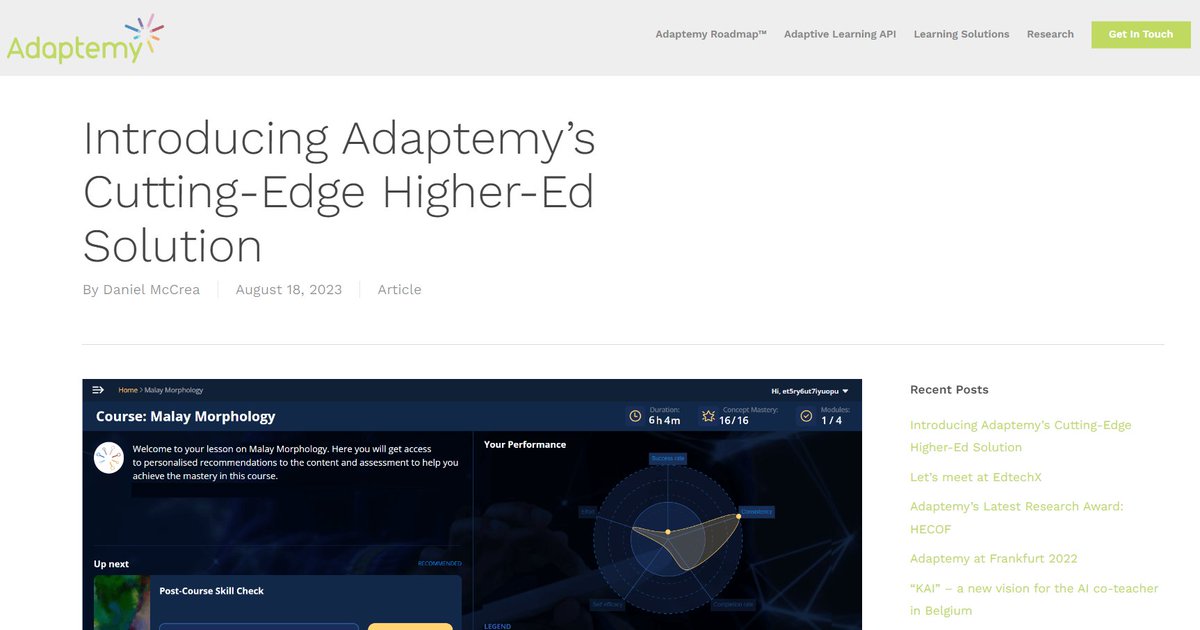 Adaptemy are excited to announce our new AI-Powered Higher-Education solution.

In this article I share some of the specific challenges our partners faced and how we worked together to use AI to solve them!

tinyurl.com/3kv4hd48

#AdaptiveLearning, #Edtech,
